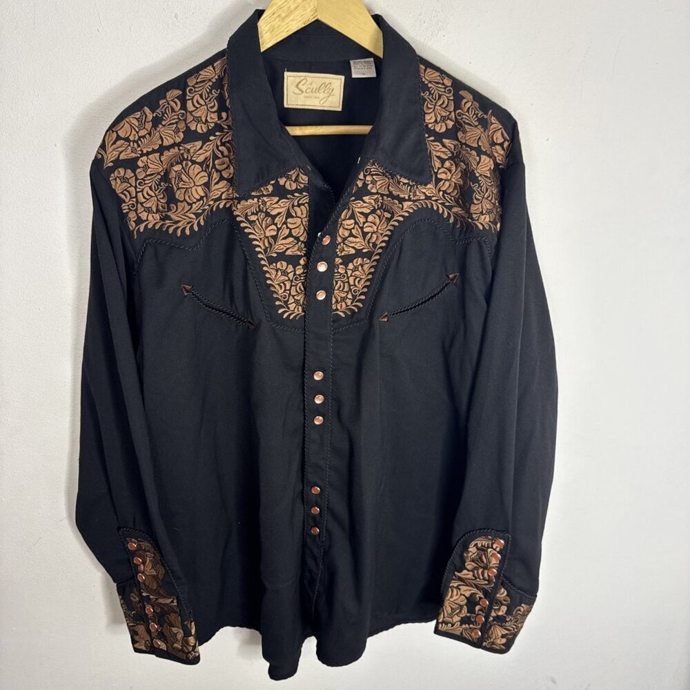 Scully Western Shirt Men’s XL‎ Black Bronze Embroidered Pearl Snaps Long Sleeve